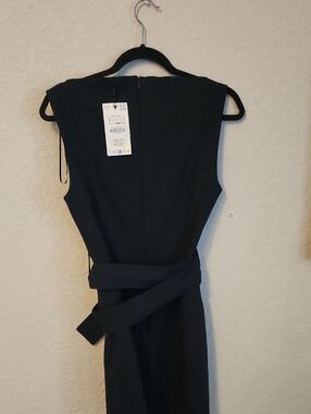 Zara Navy Blue Sleeveless Midi Dress with Waist Sash